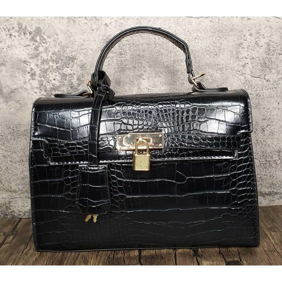 North Pole Boutique Handbags - KELLY CROC BIRKIN-STYLE BAG MEDIUM BLACK Back in S